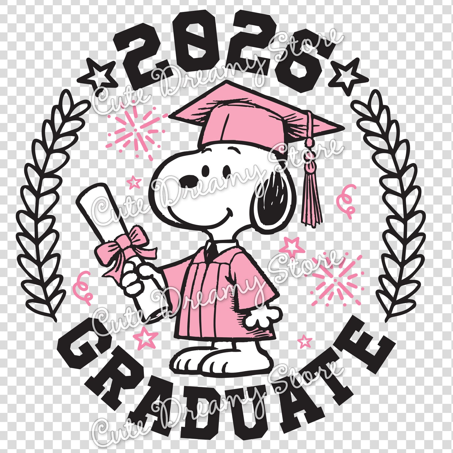Pink Class of 2026 graduation dog clipart with pink cap and gown, diploma, laurel branches, stars and transparent background for SVG PNG EPS crafts.