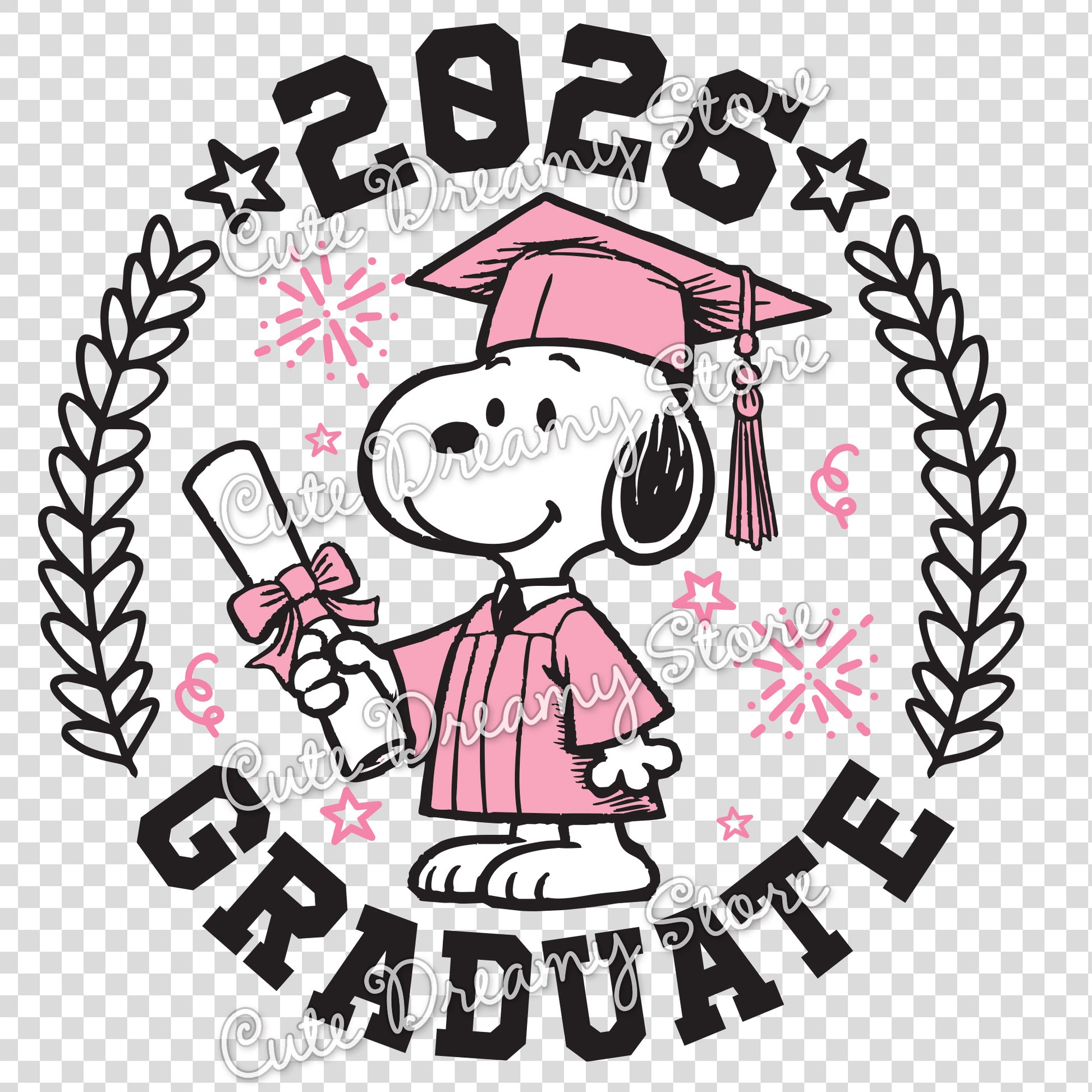Pink Class of 2026 graduation dog clipart with pink cap and gown, diploma, laurel branches, stars and transparent background for SVG PNG EPS crafts.