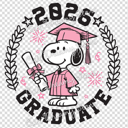 Pink Class of 2026 graduation dog clipart with pink cap and gown, diploma, laurel branches, stars and transparent background for SVG PNG EPS crafts.