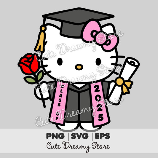 Hello Kitty Class of 2025 with Rose & Diploma Clipart SVG / PNG / EPS vector