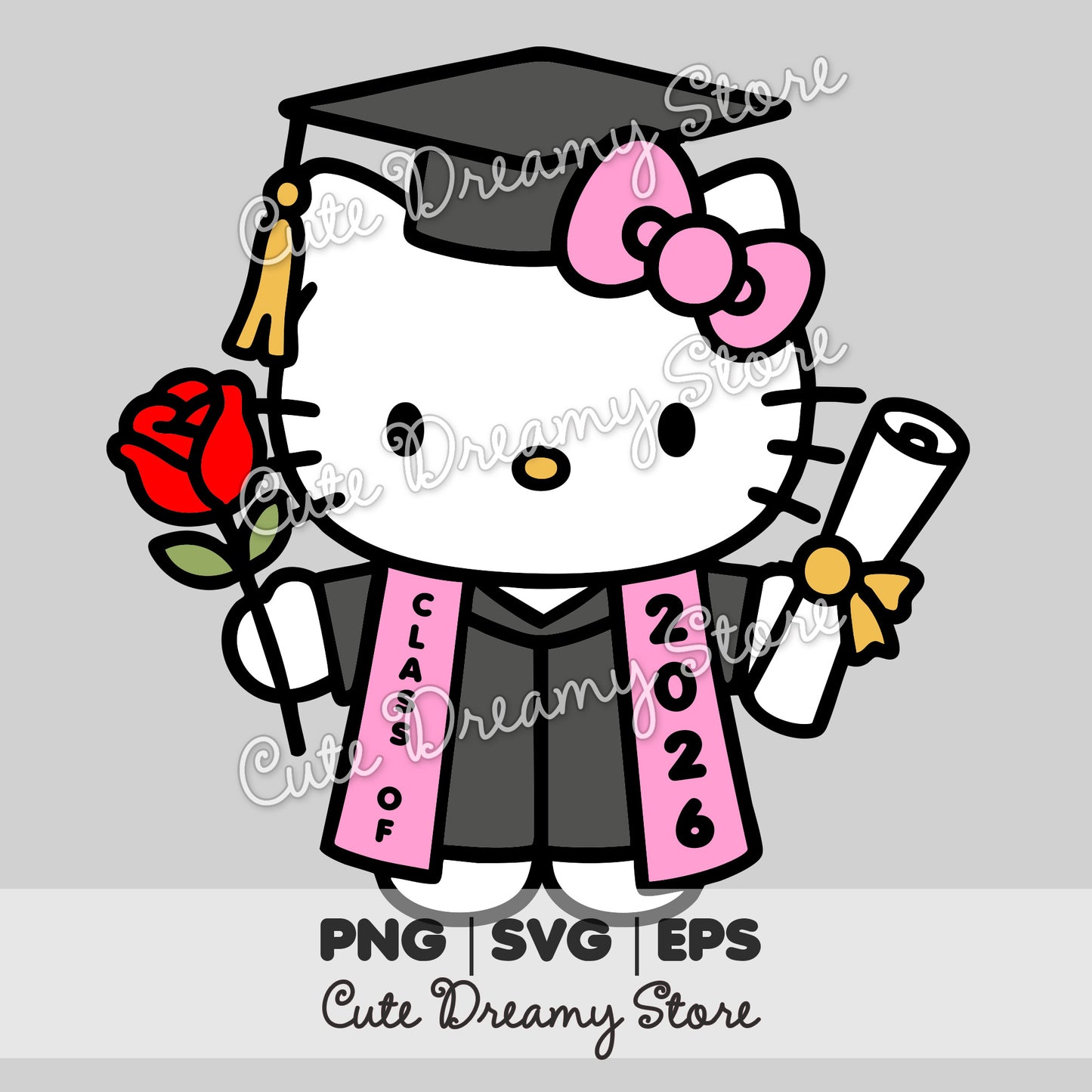 Hello Kitty Class of 2026 with Rose & Diploma Clipart SVG / PNG / EPS vector