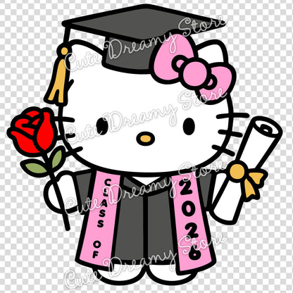 Hello Kitty Class of 2026 with Rose & Diploma Clipart SVG / PNG / EPS vector
