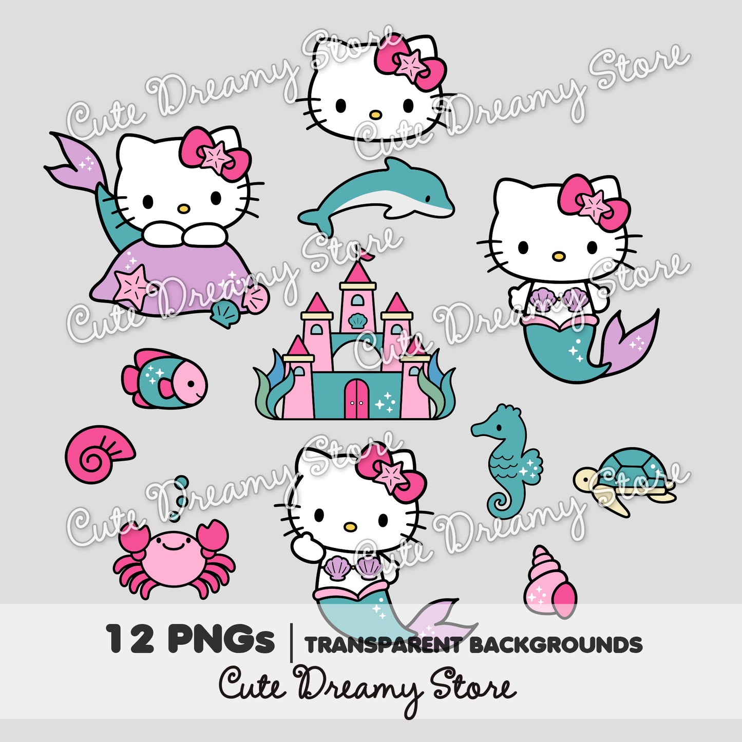 Hello Kitty mermaid under the sea clipart bundle with 12 transparent PNG designs