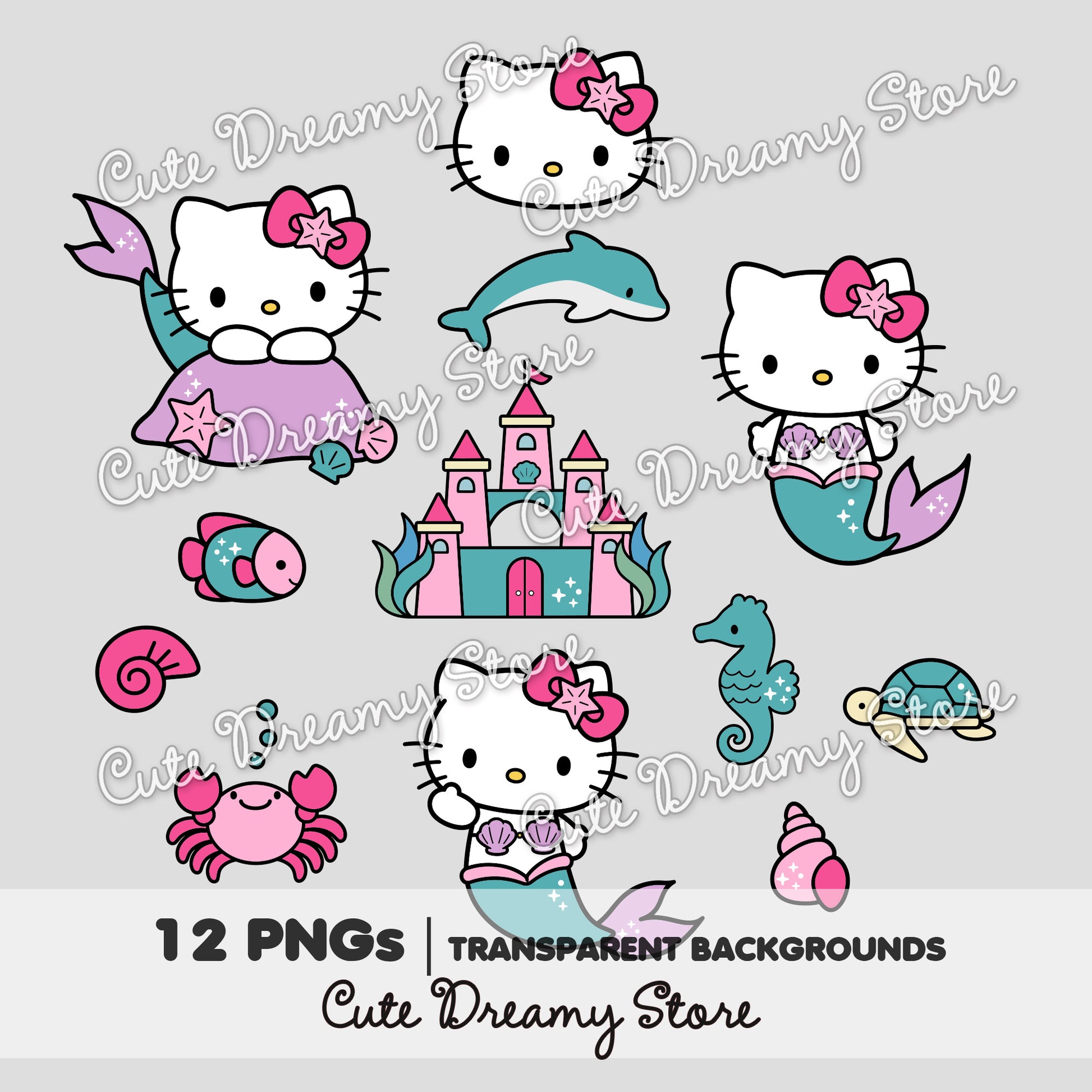 Hello Kitty mermaid under the sea clipart bundle with 12 transparent PNG designs