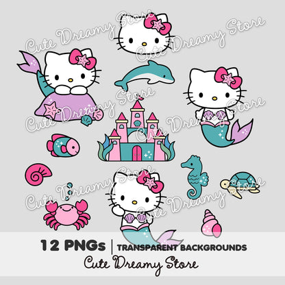 Hello Kitty mermaid under the sea clipart bundle with 12 transparent PNG designs