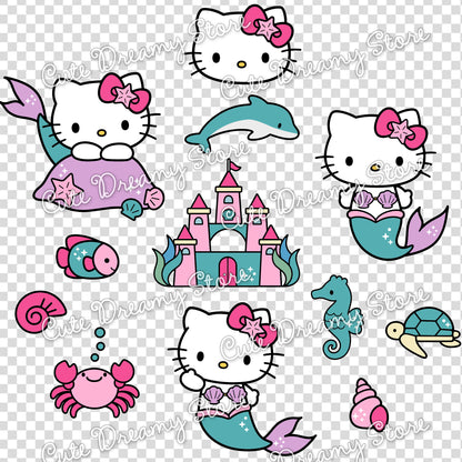 Hello Kitty mermaid clipart collection with dolphin, turtle, seahorse, crab, fish, shells and underwater castle