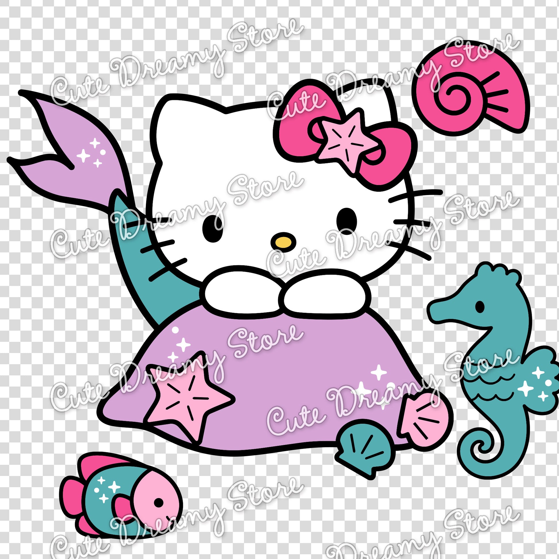 Hello Kitty mermaid resting on a purple rock with fish, seahorse and seashells