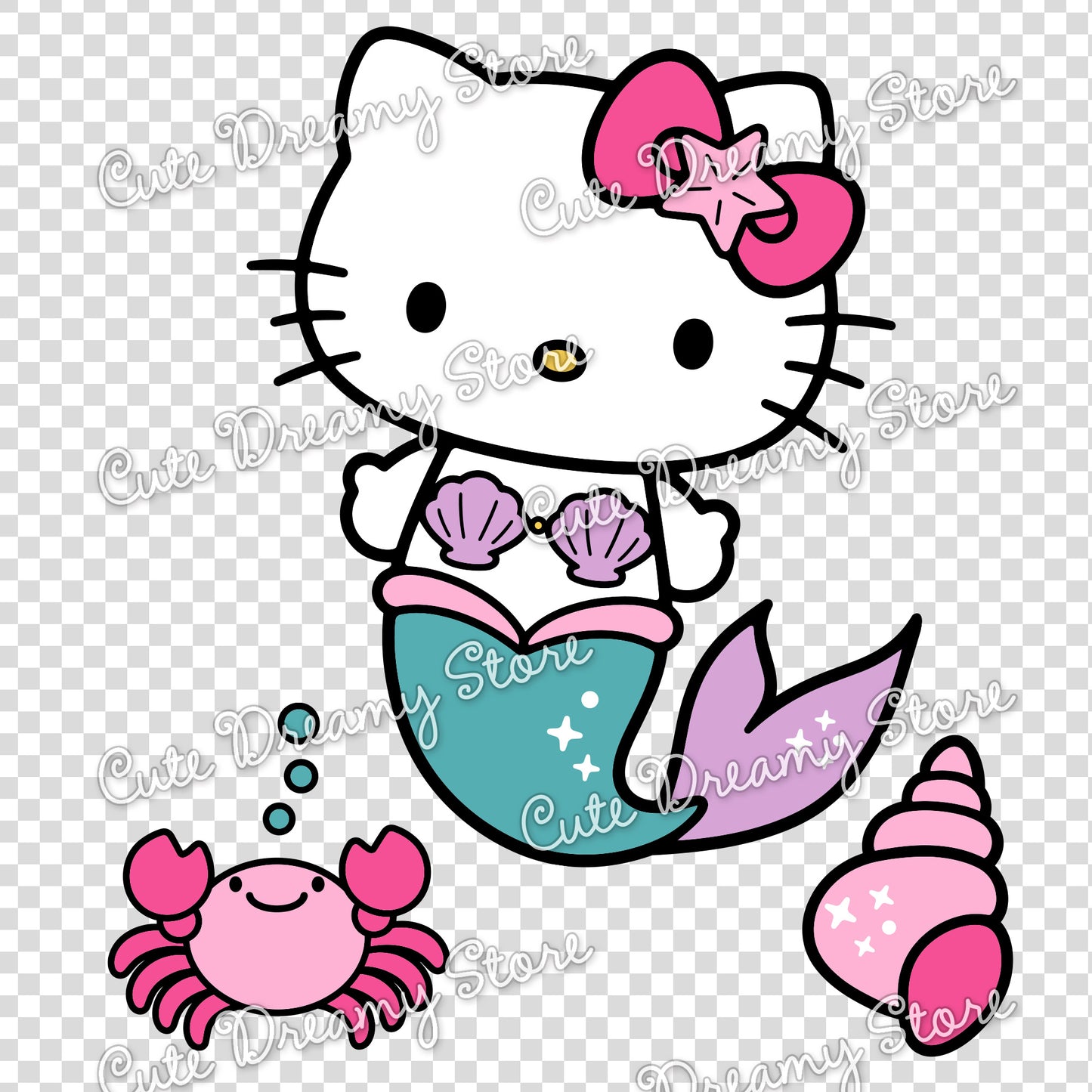 Hello Kitty mermaid clipart with pink crab, bubbles and sparkling seashell