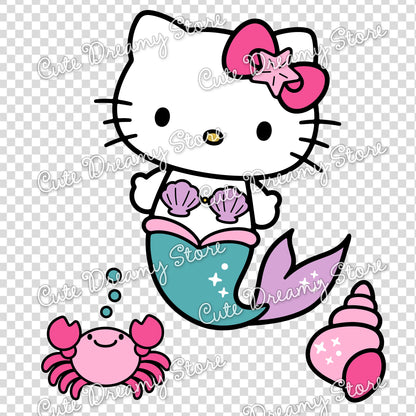 Hello Kitty mermaid clipart with pink crab, bubbles and sparkling seashell