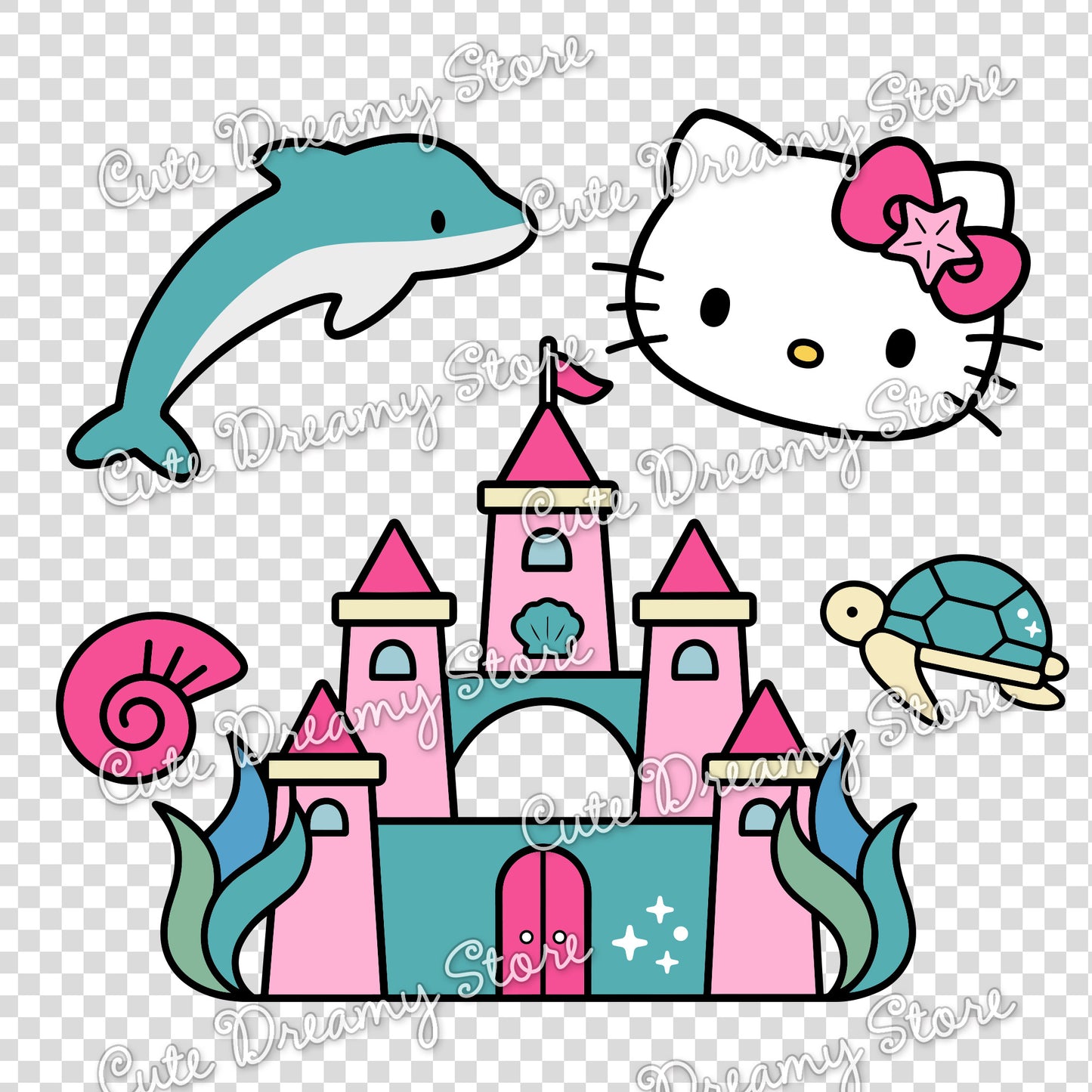 Underwater castle clipart with Hello Kitty face, dolphin, sea turtle and pink seashell