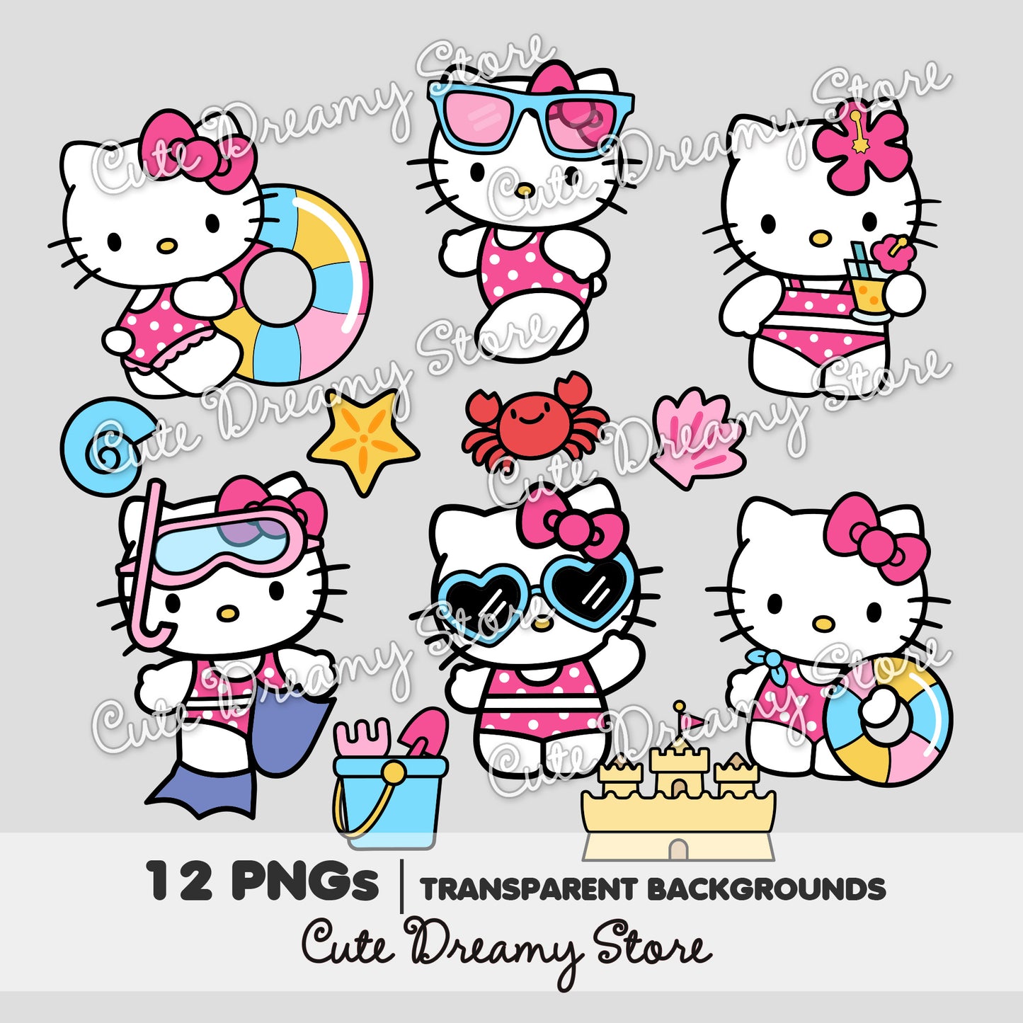Hello Kitty summer beach PNG clipart bundle with 12 transparent background designs