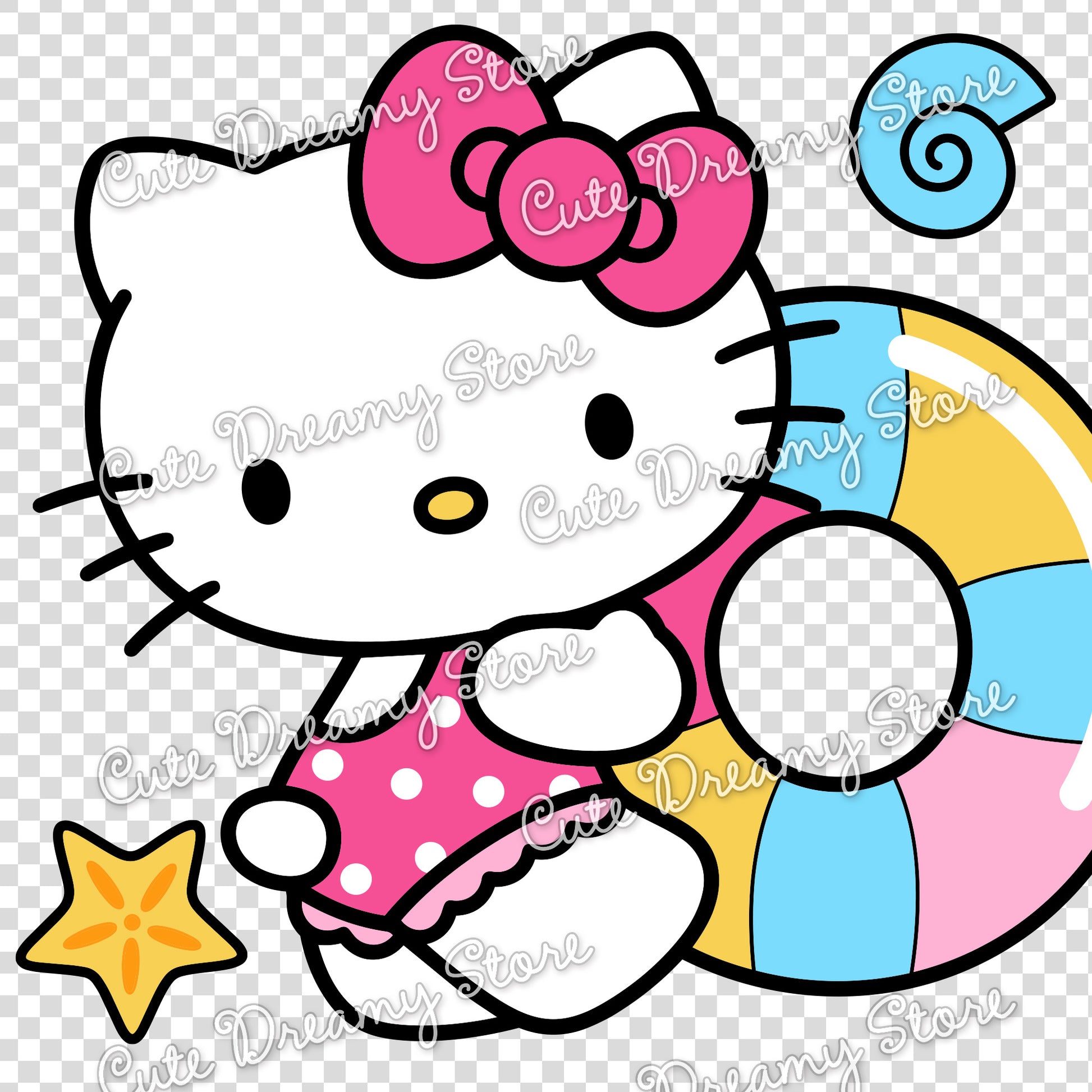 Hello Kitty summer clipart sitting beside a colorful beach ball with starfish and seashell