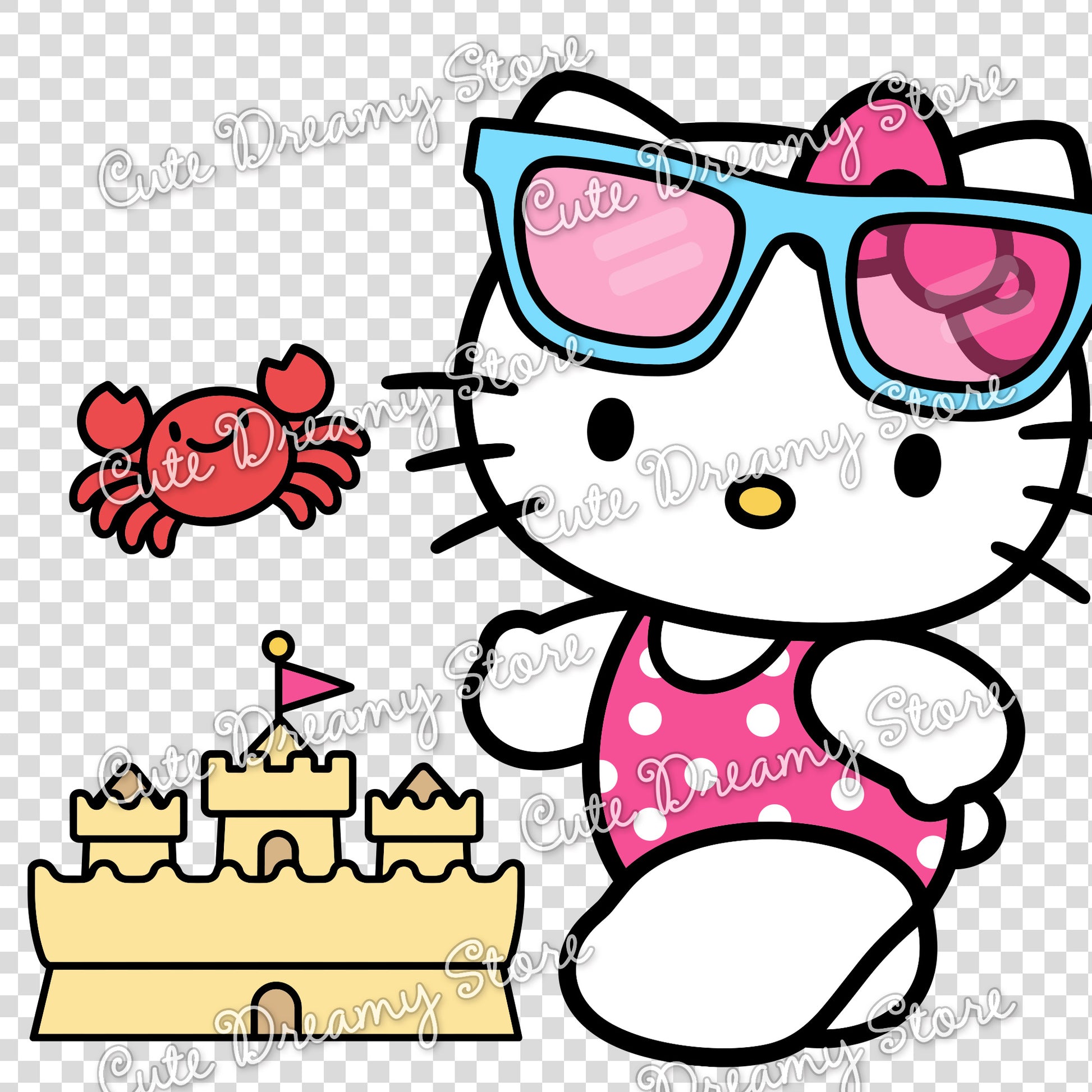 Hello Kitty beach clipart wearing sunglasses with a cute crab and sandcastle
