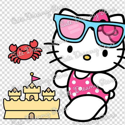 Hello Kitty beach clipart wearing sunglasses with a cute crab and sandcastle