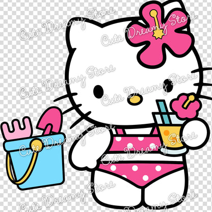 Hello Kitty summer clipart holding a tropical drink beside a beach bucket and sand toys