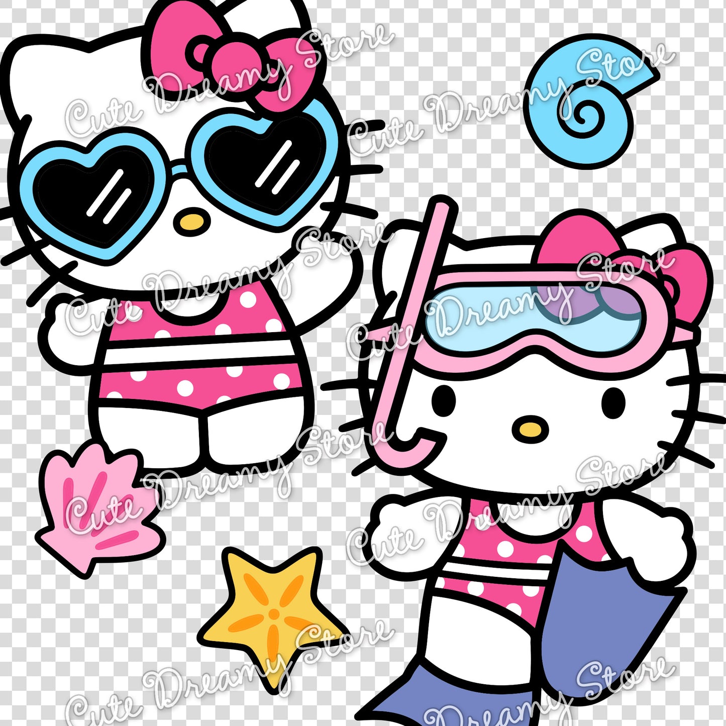 Hello Kitty beach clipart with heart sunglasses and snorkeling gear, seashell and starfish