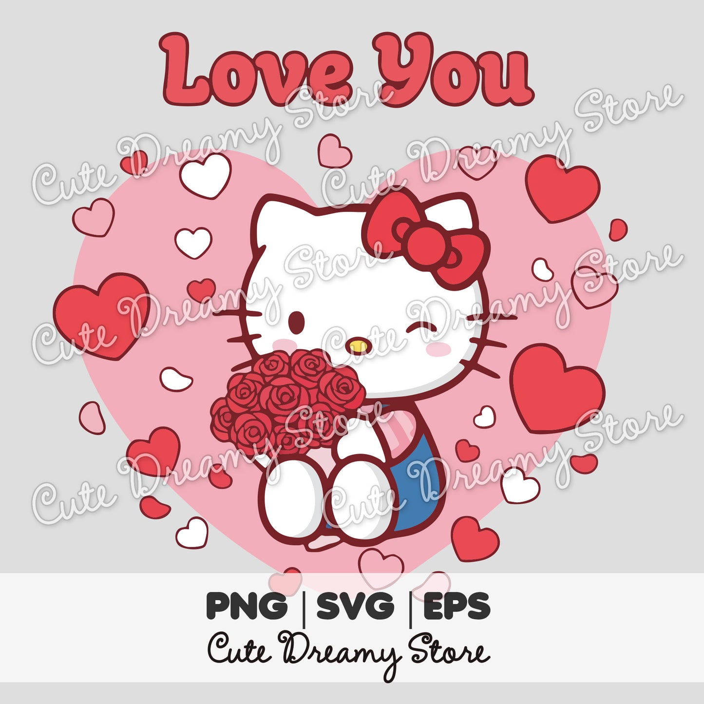 Cute Valentine’s Day Hello Kitty clipart holding roses inside a heart with Love You text, SVG PNG EPS digital download
