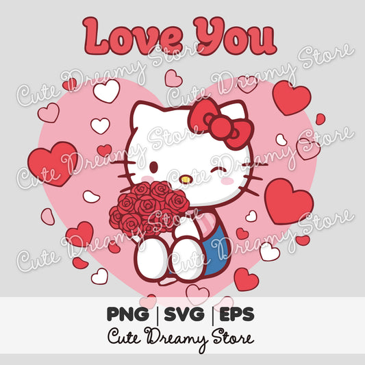 Cute Valentine’s Day Hello Kitty clipart holding roses inside a heart with Love You text, SVG PNG EPS digital download
