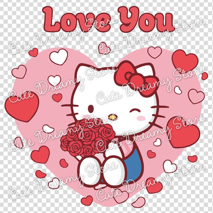 Cute Valentine’s Day Hello Kitty clipart holding roses inside a heart with Love You text, SVG PNG EPS digital download
