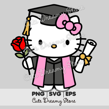 Hello Kitty with Rose & Diploma Clipart SVG / PNG / EPS vector