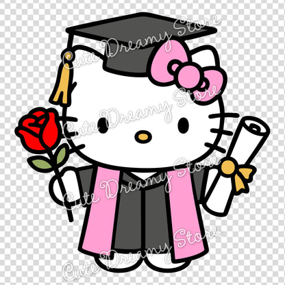 Graduate Hello Kitty with Rose & Diploma Clipart SVG / PNG / EPS vector