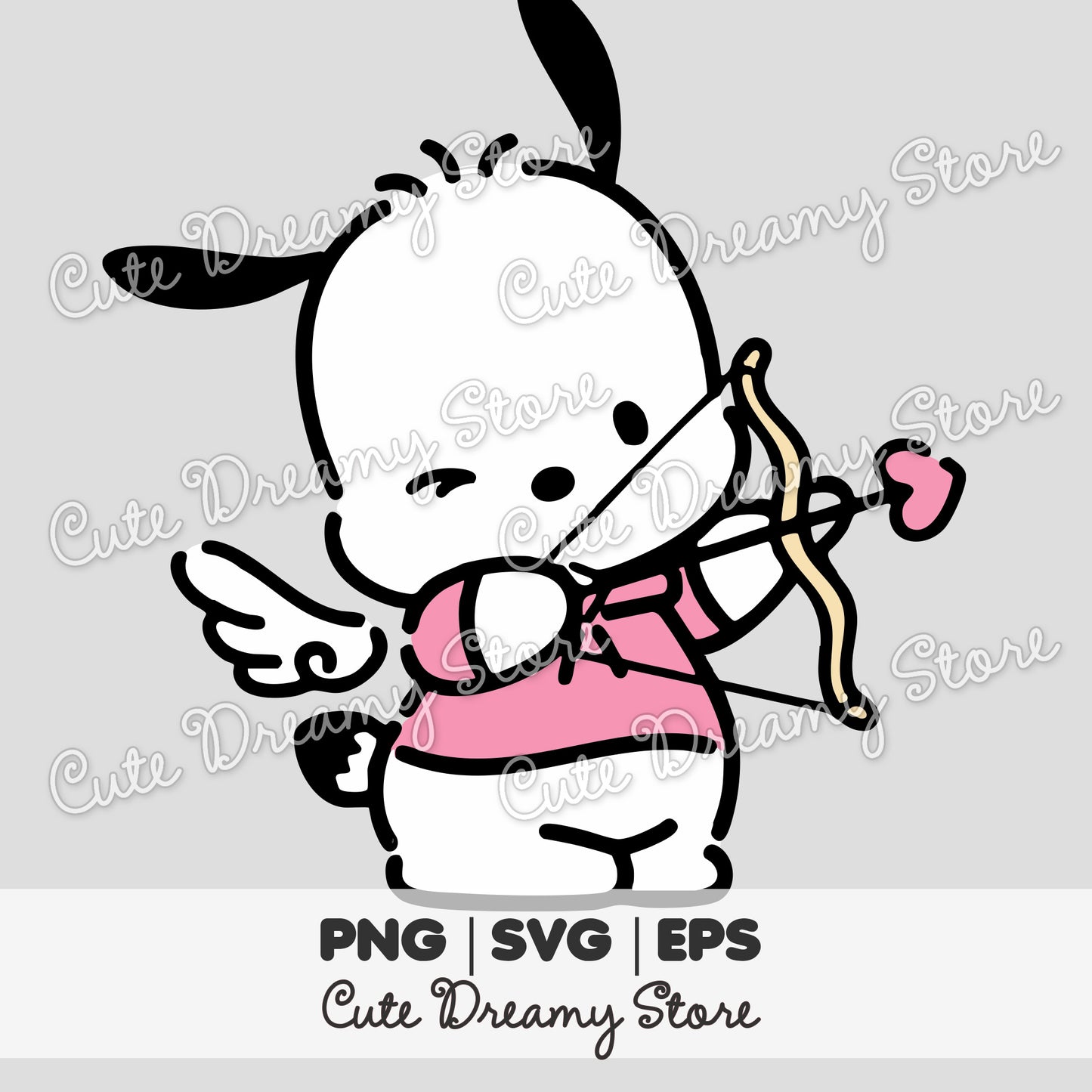 Cute Pochacco Cupid Valentine clipart dog holding a bow and heart arrow, SVG PNG EPS digital download
