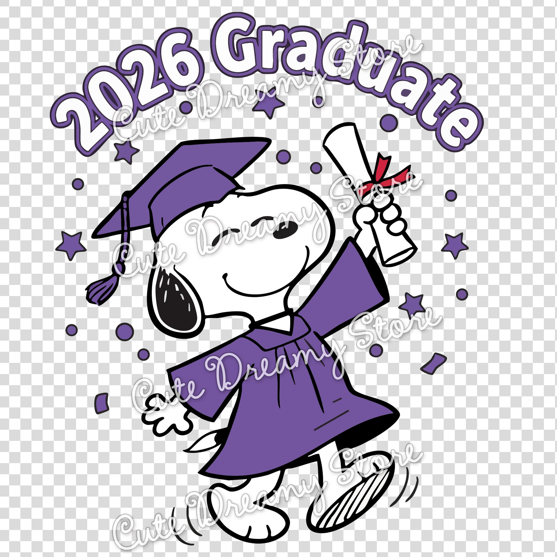 Purple Snoopy graduate clipart with stars and diploma raised