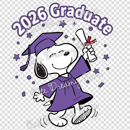 Purple Snoopy graduate clipart with stars and diploma raised