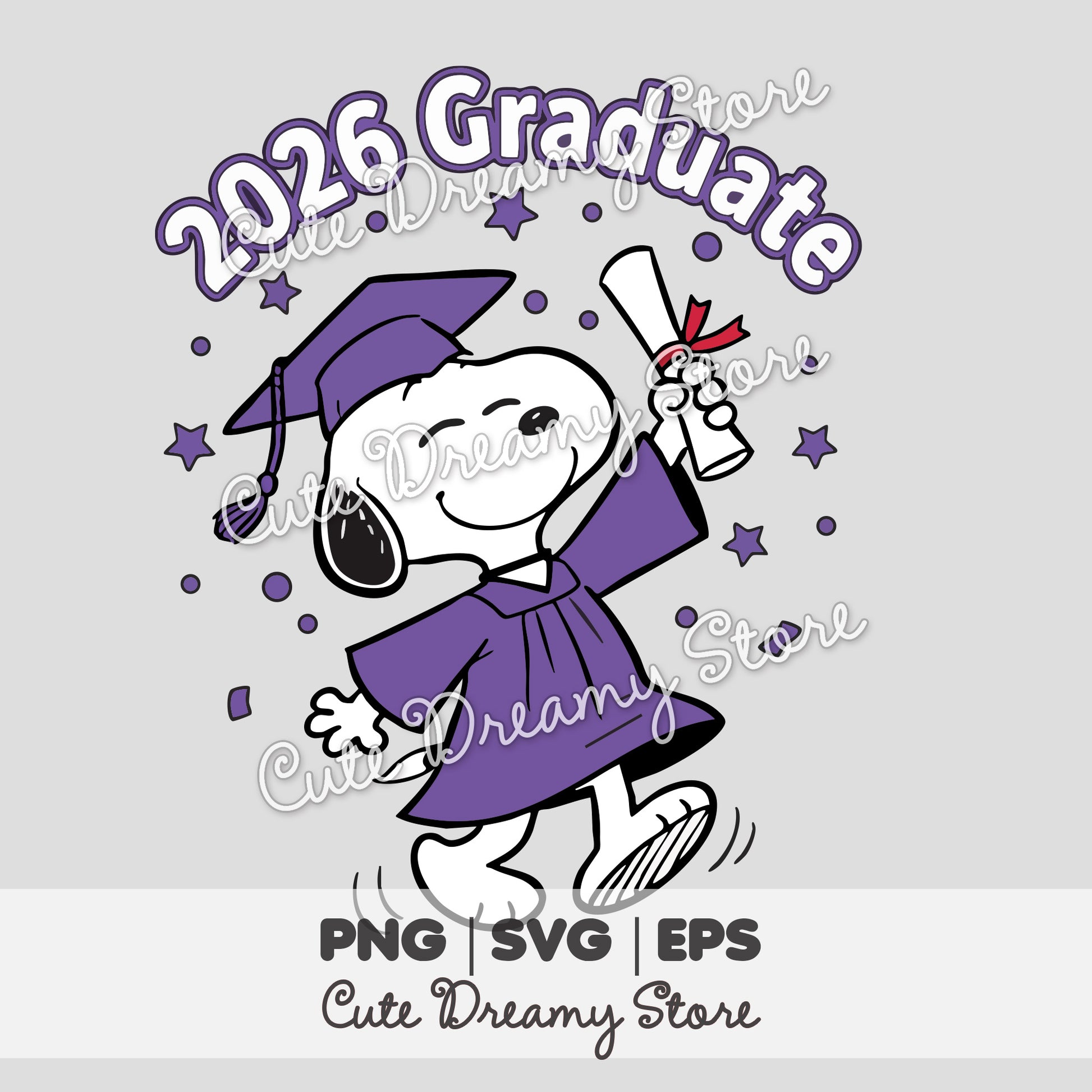 Snoopy 2026 graduate celebration clipart in purple jumping with diploma