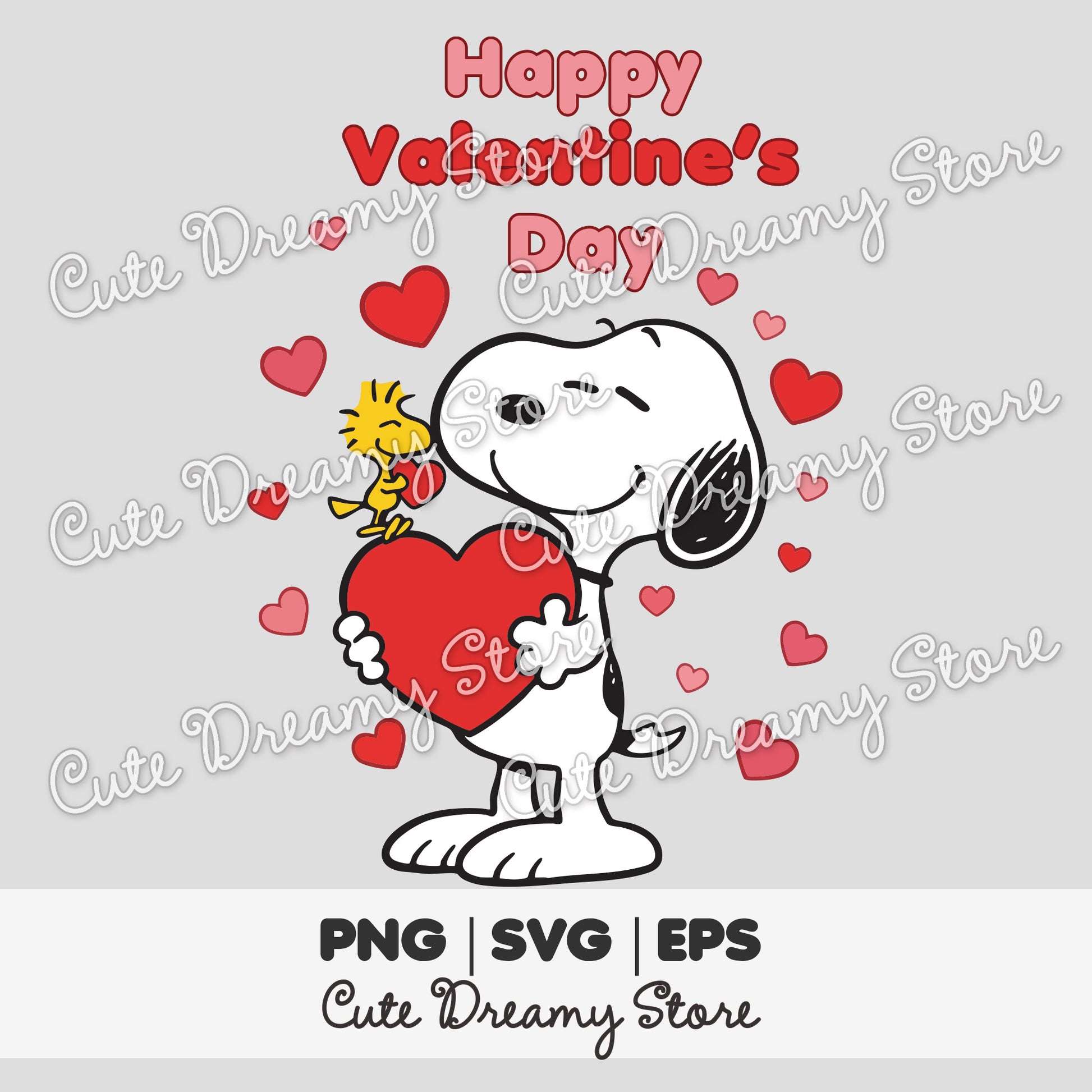 Snoopy Happy Valentine’s Day clipart holding a red heart with floating hearts