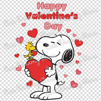 Cute Snoopy Valentine illustration with Woodstock and love hearts with transparent background