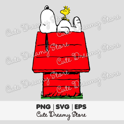 Cute Snoopy and Woodstock resting on a red house with a small bird, clipart with transparent background, SVG PNG EPS digital download

