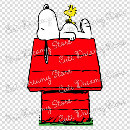 Cute Snoopy and Woodstock resting on a red house with a small bird, clipart with transparent background, SVG PNG EPS digital download
