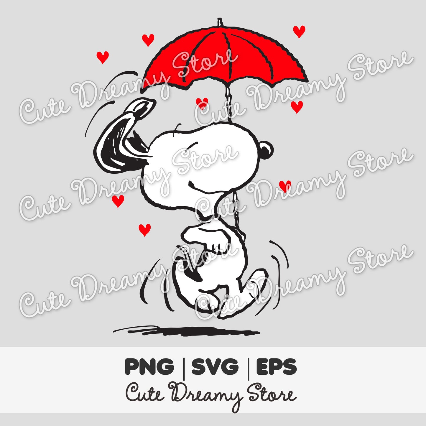 Snoopy walking with a red umbrella surrounded by hearts, romantic clipart with transparent background, SVG PNG EPS
