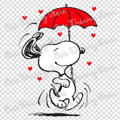 Snoopy walking with a red umbrella surrounded by hearts, romantic clipart with transparent background, SVG PNG EPS
