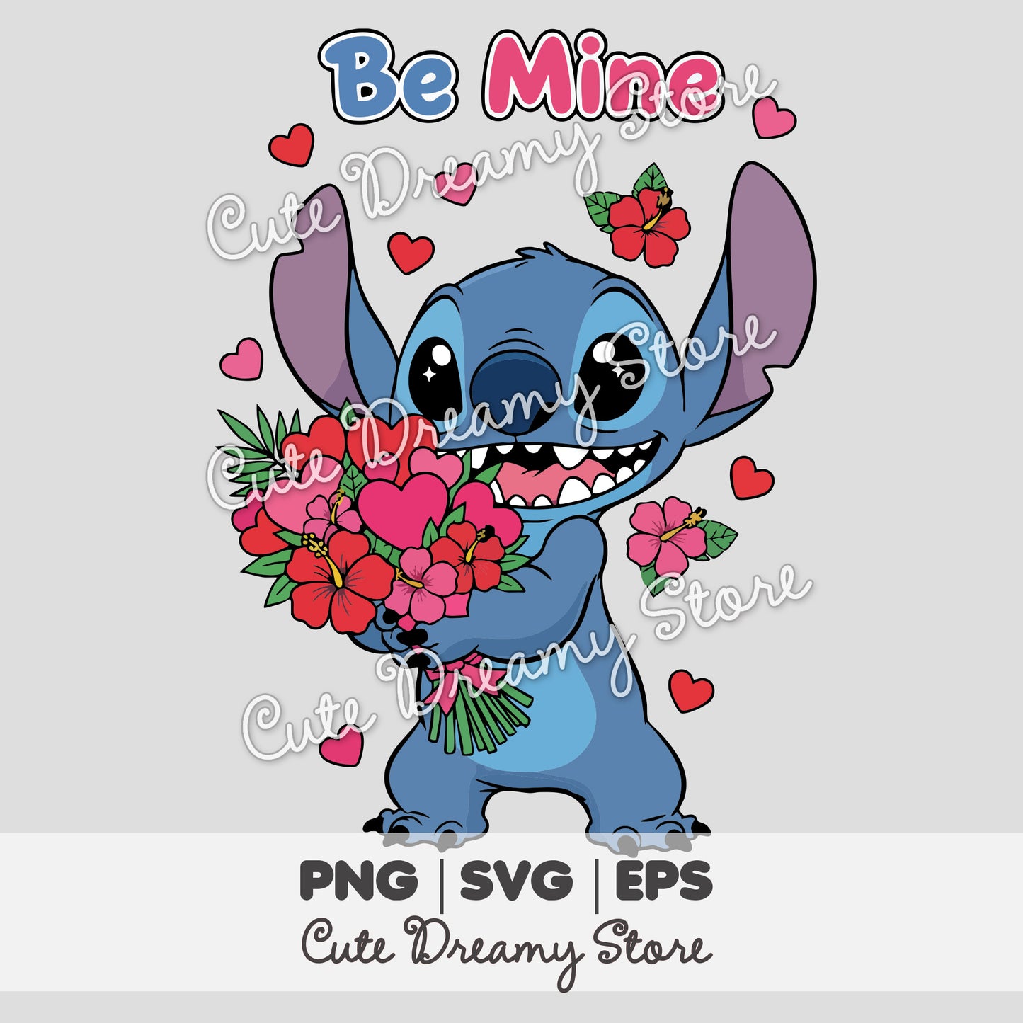 Stitch Be Mine love clipart holding flowers with hearts