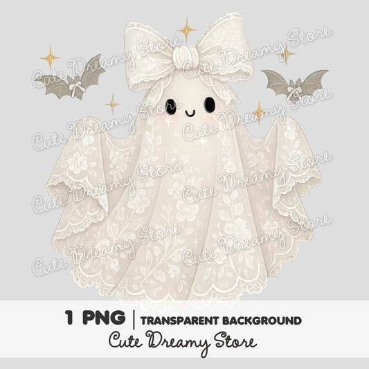 Cute Lace Ghost Clipart with Bow / Romantic Halloween PNG