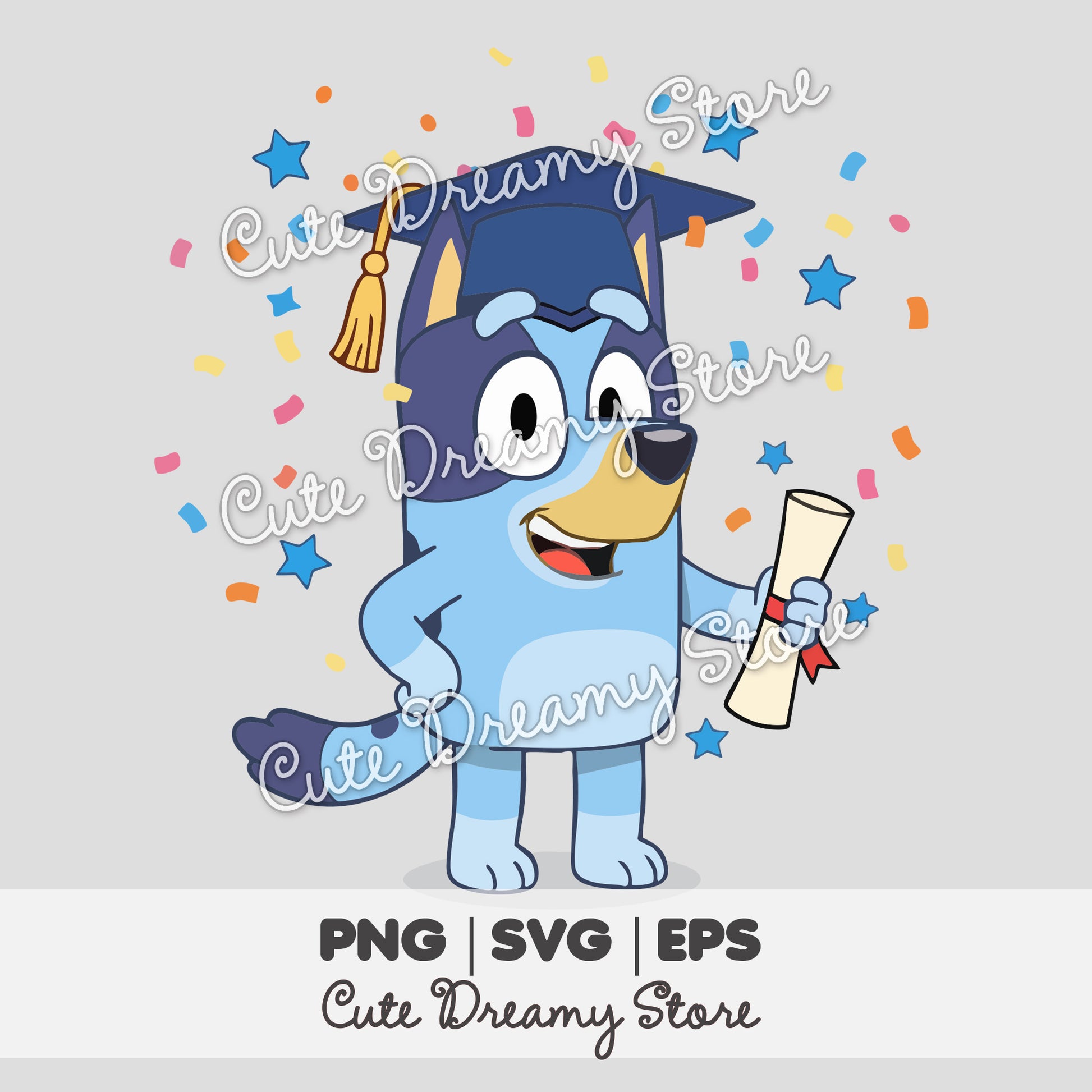 Bluey graduation celebration clipart holding a diploma with confetti