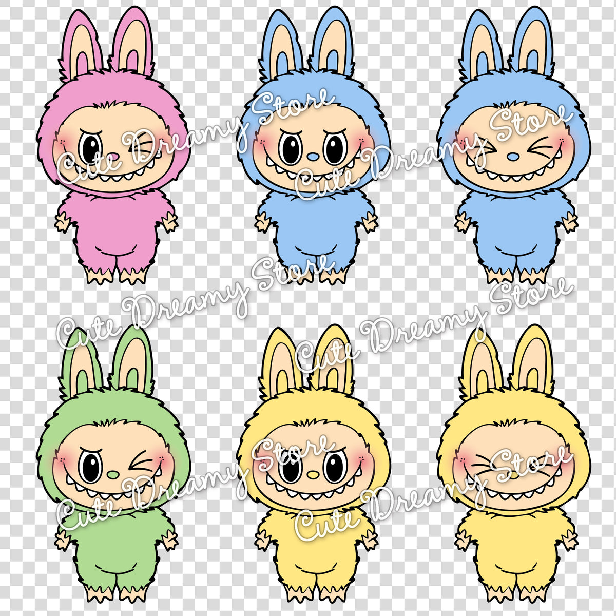 Labubu Pattern Transparent Labubu Transparent PNG Bundle – 6 Colors Clipart Set – Cute Dreamy Store