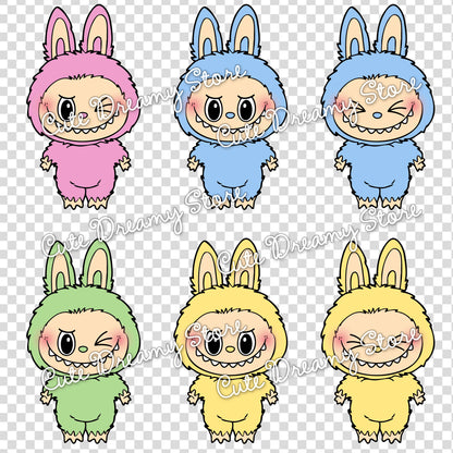 Labubu Transparent PNG Bundle – 6 Colors Clipart Set
