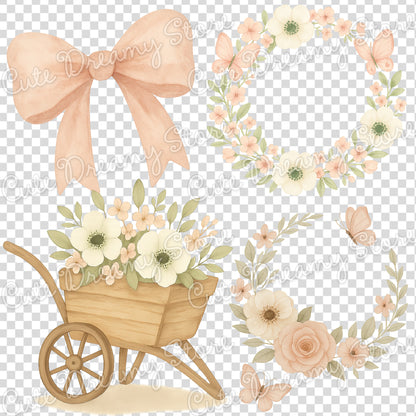 Conejito y mariposas floreciendo - Paquete de imágenes prediseñadas de acuarela / PNG con fondo transparente