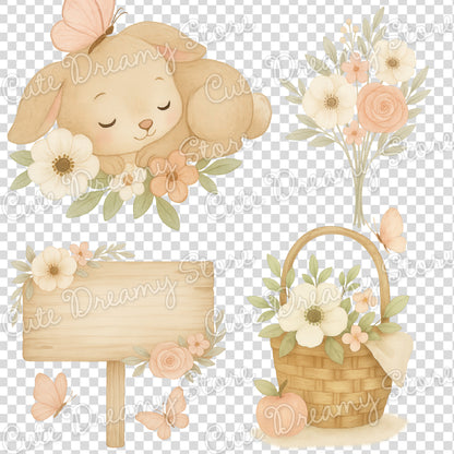 Conejito y mariposas floreciendo - Paquete de imágenes prediseñadas de acuarela / PNG con fondo transparente