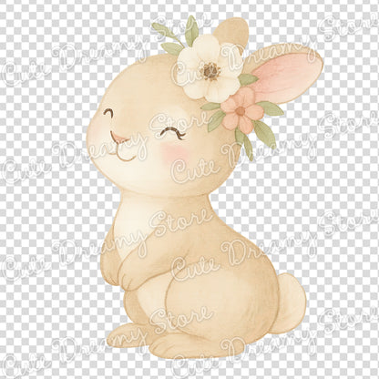 Conejito y mariposas floreciendo - Paquete de imágenes prediseñadas de acuarela / PNG con fondo transparente