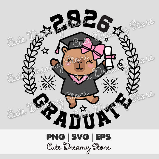 Class of 2026 capybara graduation clipart with black cap and gown, diploma, pink bow, laurel wreath and graduate lettering in SVG PNG EPS format