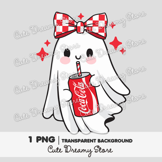 Cute Ghost with Bow Clipart PNG | Kawaii Ghost with Coca Cola Can