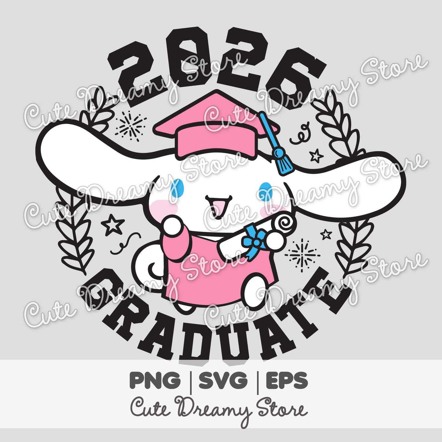 Graduation Cinnamoroll Clipart 2026 in pink SVG / PNG / EPS vector