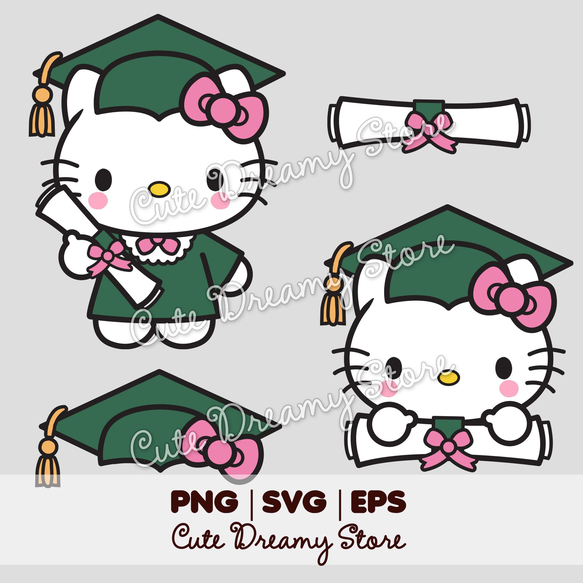 Graduation Hello Kitty clipart bundle in green with cap, diploma and bow, SVG PNG EPS vector files.