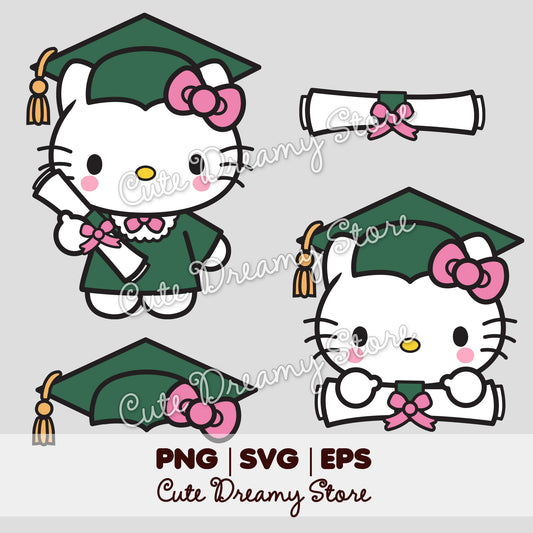 Graduation Hello Kitty clipart bundle in green with cap, diploma and bow, SVG PNG EPS vector files.