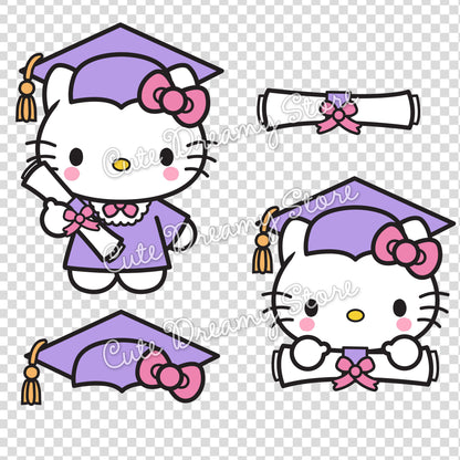 Purple Graduation Hello Kitty clipart with cap and diploma