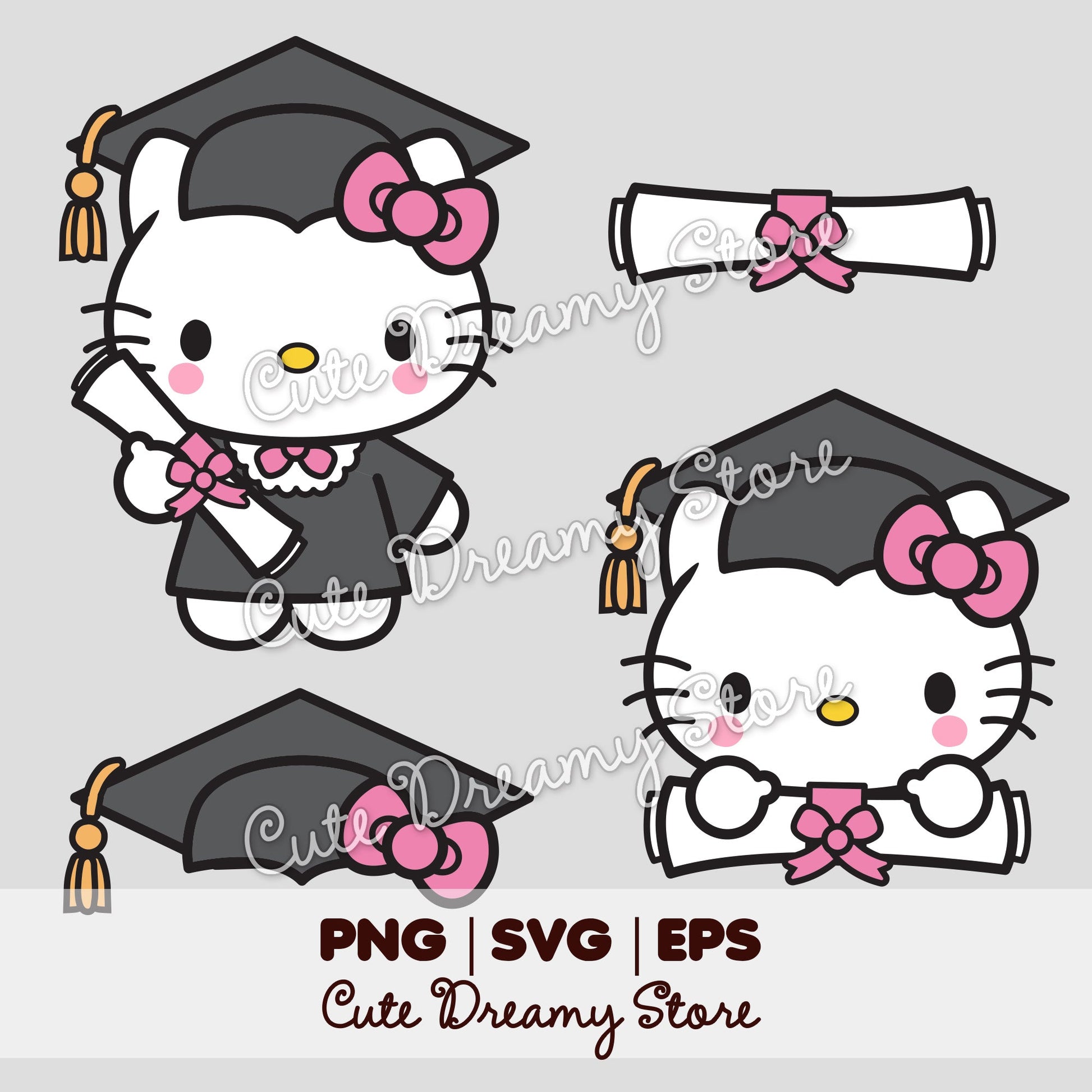 Graduation Hello Kitty Clipart SVG / PNG / EPS vector in BLACK - Cute Dreamy Store